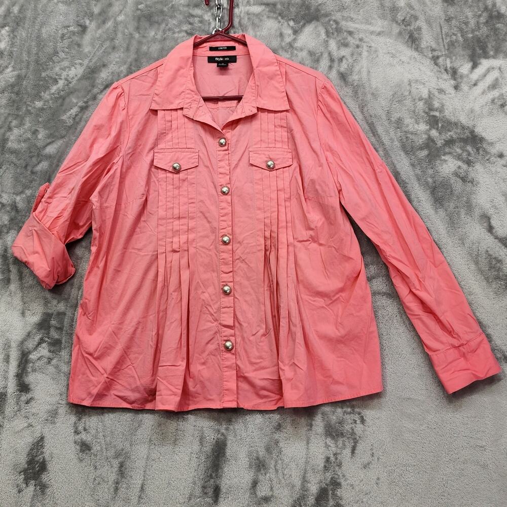 Style&Co Top Womens 18 Pink Silver Buttons Stretch Cotton‎ Long Roll Tab Sleeve